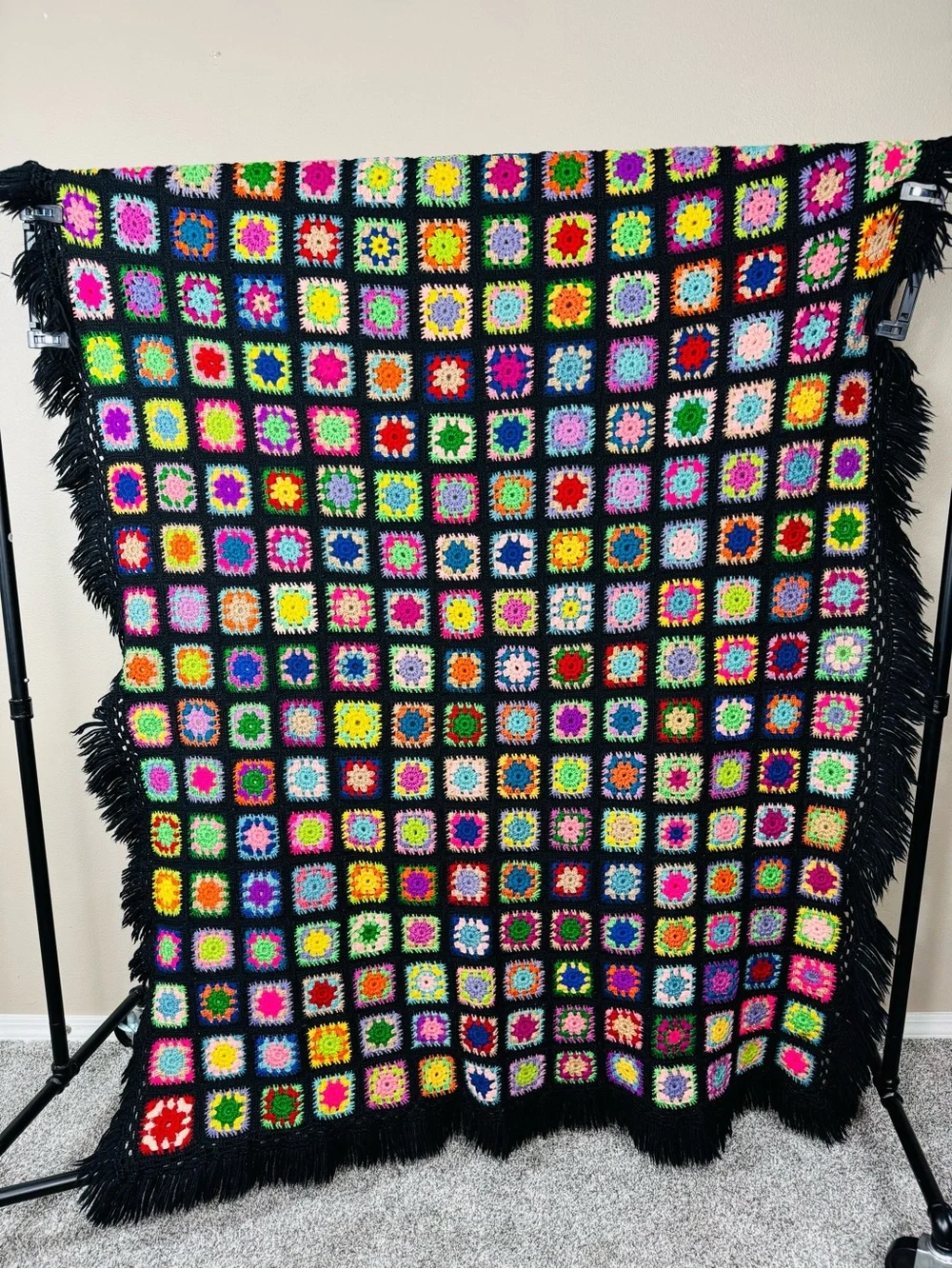 Vintage Granny square blanket black multicolor wool tight weave fringe trim EUC